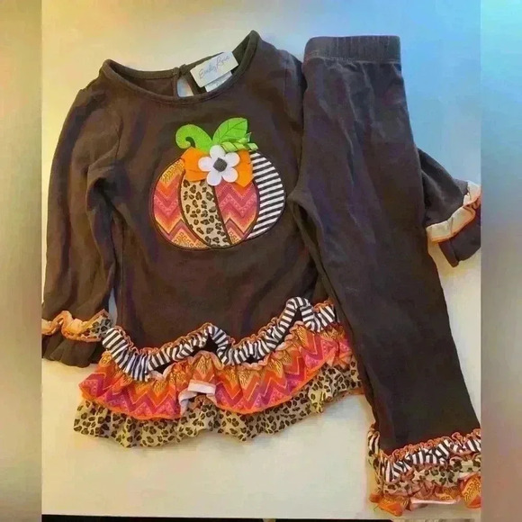 Girls Emily Rose Thanksgiving Outfit Embroidered Pumpkin Ruffles Cute - 3T - Picture 1 of 7